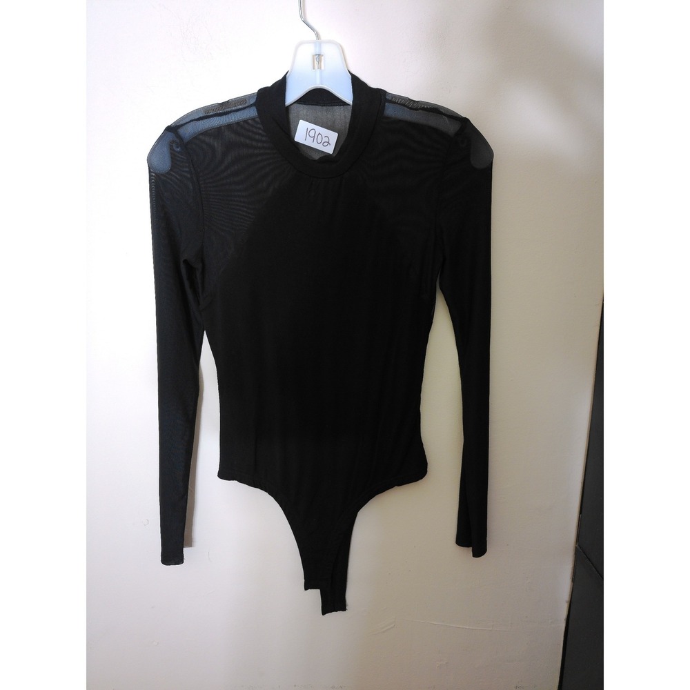 Lulus Bodysuit Womens Small Black Sheer Mesh Long Sleeve Mock Neck Edgy Chic